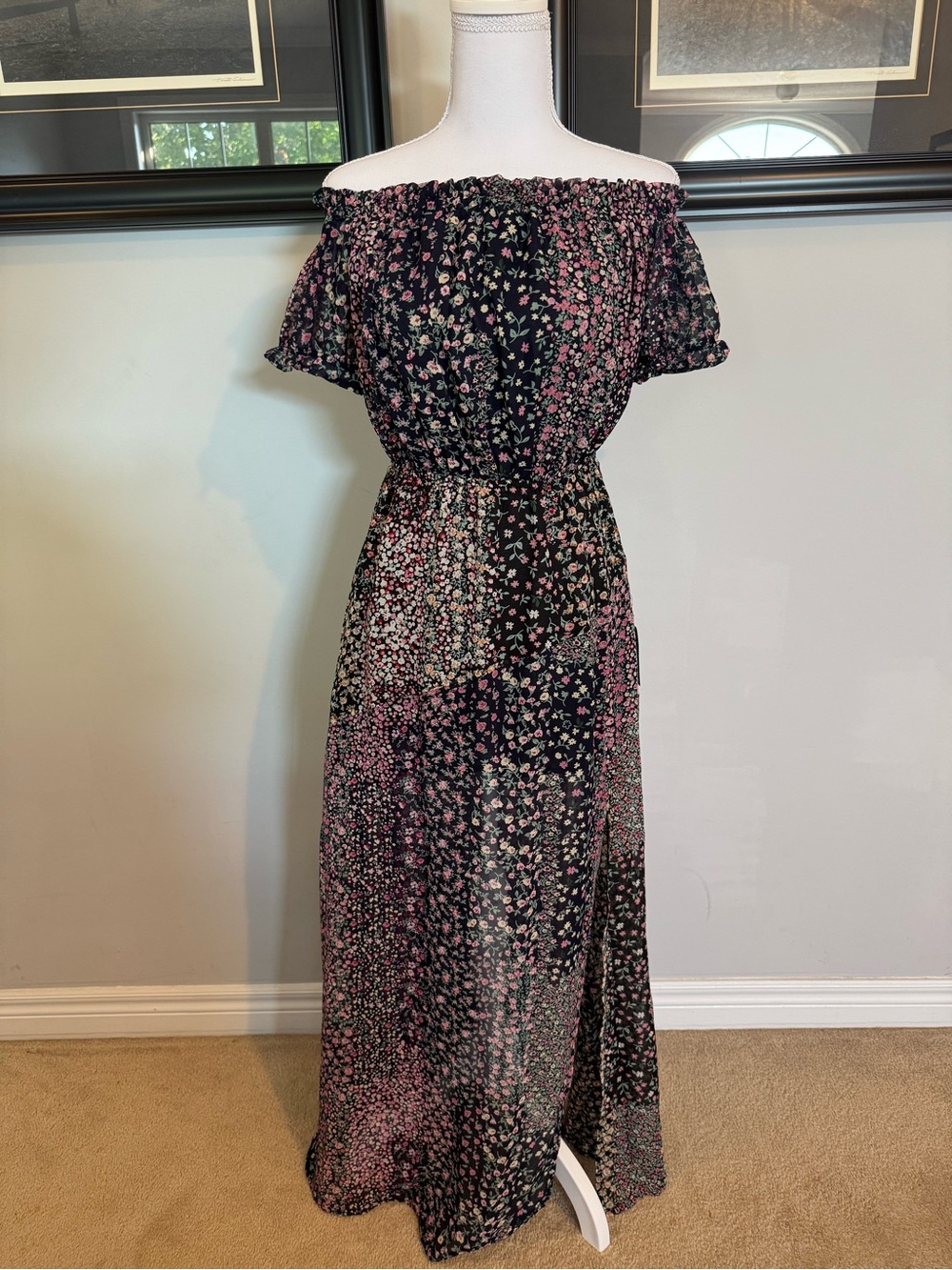 Lulu's Black and Pink Off-the-Shoulder Floral Maxi Dress